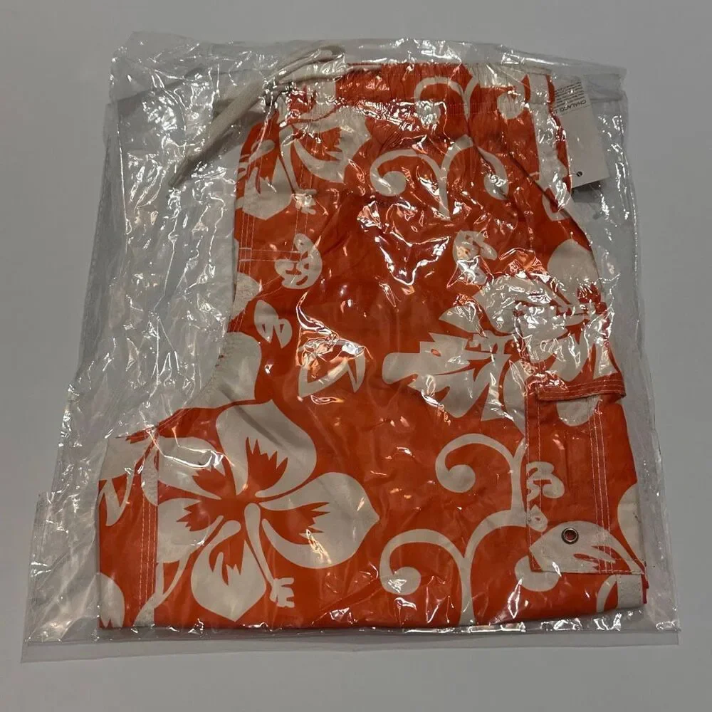 Chalaco Hibiscus Floral Swim Trunks Orange and White | Men Size 12/Medium